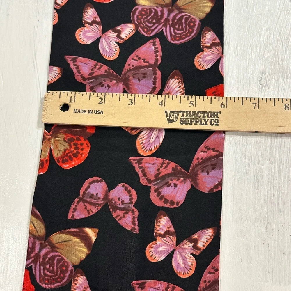 Retro Butterfly Print Satin Scarf Black Fringe Trim Boho Glam Neck Wrap